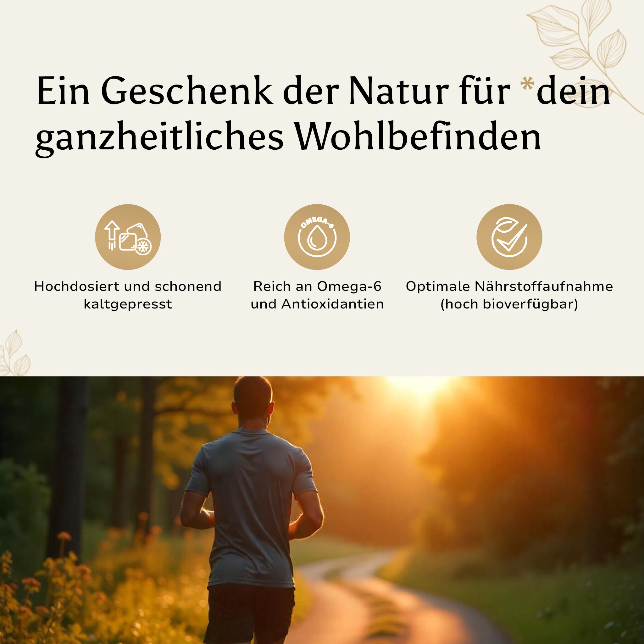  Mann joggt bei Sonnenuntergang – dargestellt als Symbol für ganzheitliches Wohlbefinden durch Schwarzkümmelöl von Golden Elements