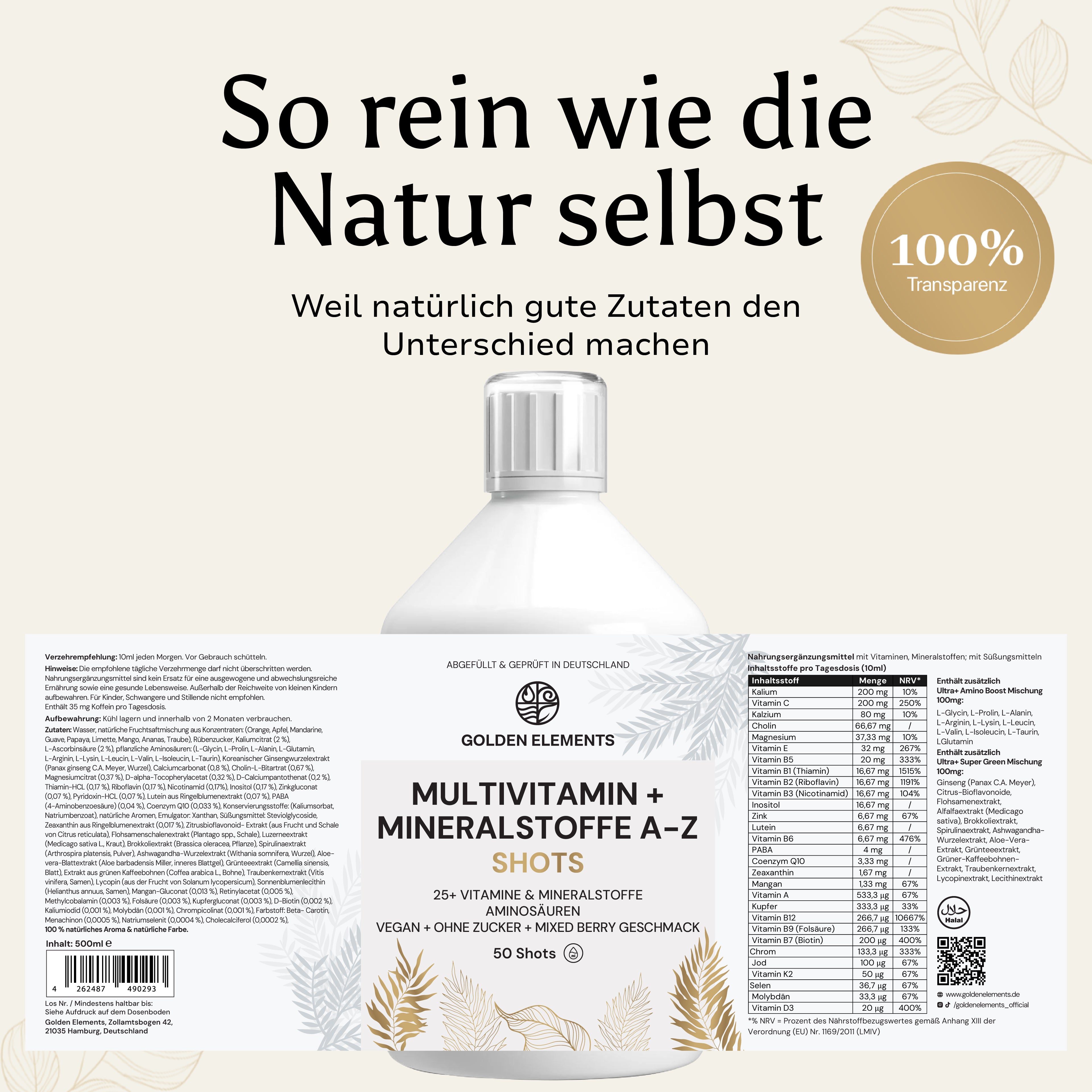 Produktetikett von VITA COMPLETE PLUS+ mit Nährwertangaben und Zutatenliste