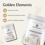 Werbegrafik für Golden Elements Fischkolagen(Marine) Kollagen Kapseln mit den Merkmalen: Powered by nature, Laborgeprüfte Qualität, HACCP & ISO9001 zertifiziert.