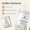 Werbegrafik für Golden Elements Fischkolagen(Marine) Kollagen Kapseln mit den Merkmalen: Powered by nature, Laborgeprüfte Qualität, HACCP & ISO9001 zertifiziert.