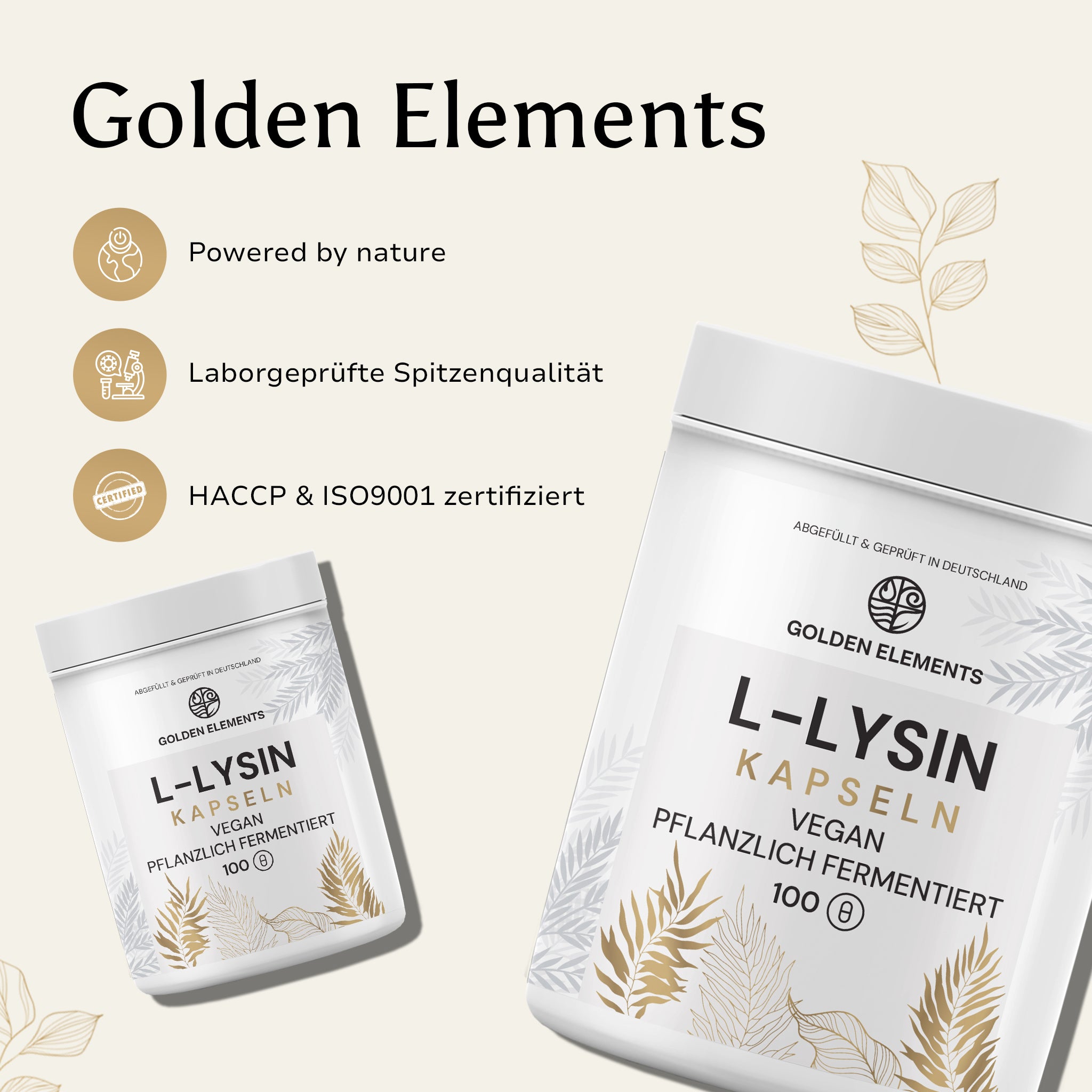 Werbegrafik für Golden Elements L-Lysin Kapseln mit den Merkmalen: Powered by nature, Laborgeprüfte Qualität, HACCP & ISO9001 zertifiziert.