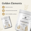Werbegrafik für Golden Elements Magnesium Komplex Kapseln mit den Merkmalen: Powered by nature, Laborgeprüfte Qualität, HACCP & ISO9001 zertifiziert.