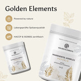 Werbegrafik für Golden Elements Mariendistel Komplex Kapseln mit den Merkmalen: Powered by nature, Laborgeprüfte Qualität, HACCP & ISO9001 zertifiziert.