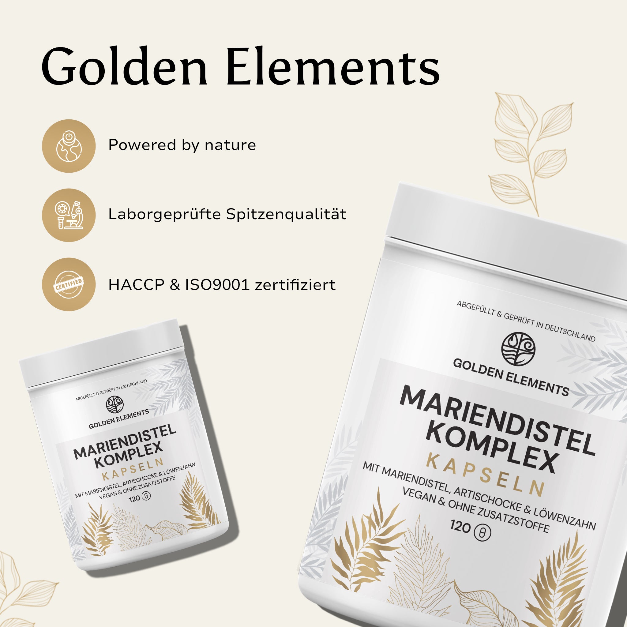 Werbegrafik für Golden Elements Mariendistel Komplex Kapseln mit den Merkmalen: Powered by nature, Laborgeprüfte Qualität, HACCP & ISO9001 zertifiziert.