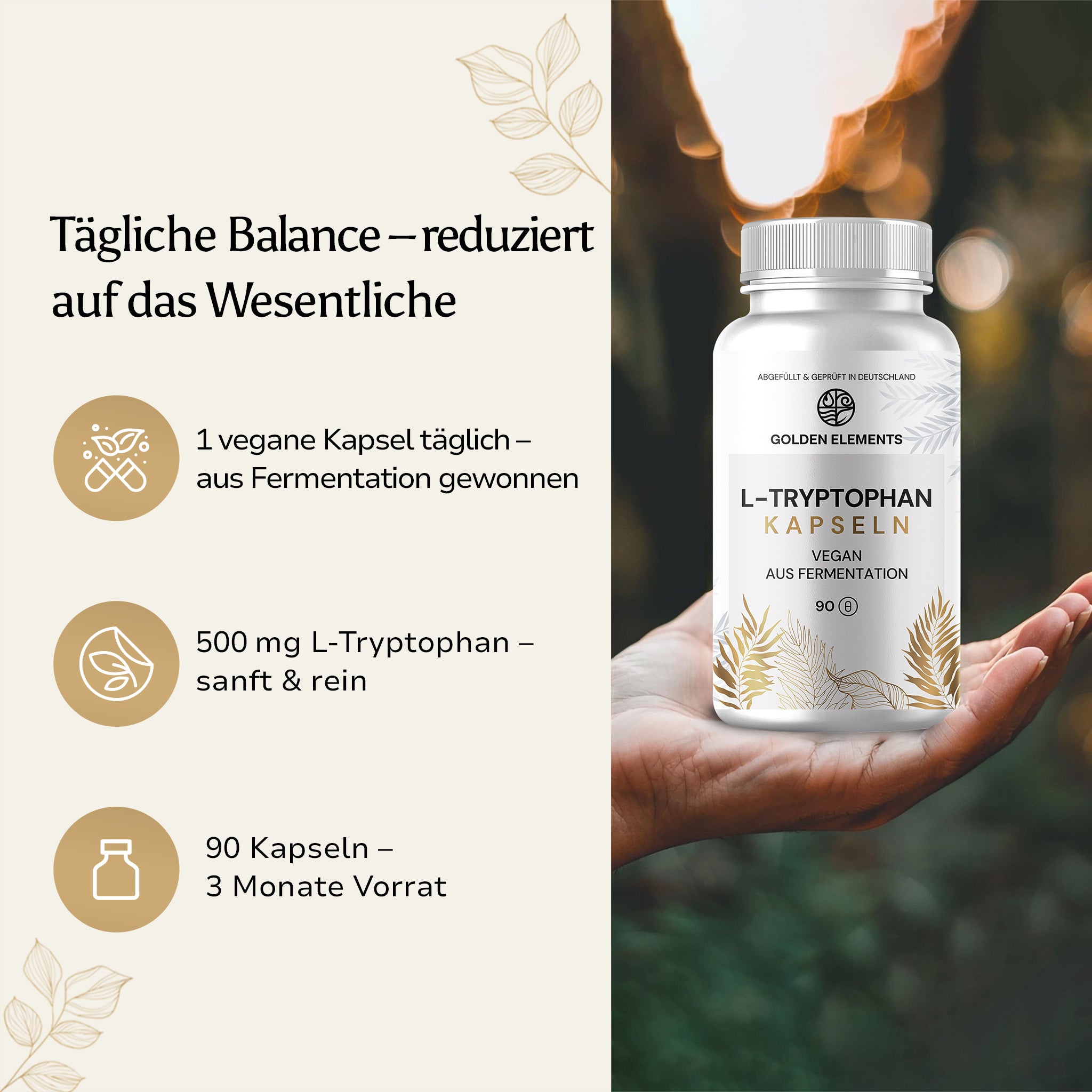  L-Tryptophan Dose auf Handfläche, mit ruhigem Hintergrund – Symbol für tägliche Routine.