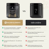 Vergleichsgrafik zwischen Golden Elements Pre-Workout Booster und herkömmlichen Produkten, hervorgehobene Vorteile wie Transparenz und Inhaltsstoffreinheit.
