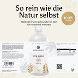 Produktetikett der Vita Shield Plus+ Immunshots mit detaillierten Inhaltsangaben und transparenter Rezeptur von Golden Elements.
