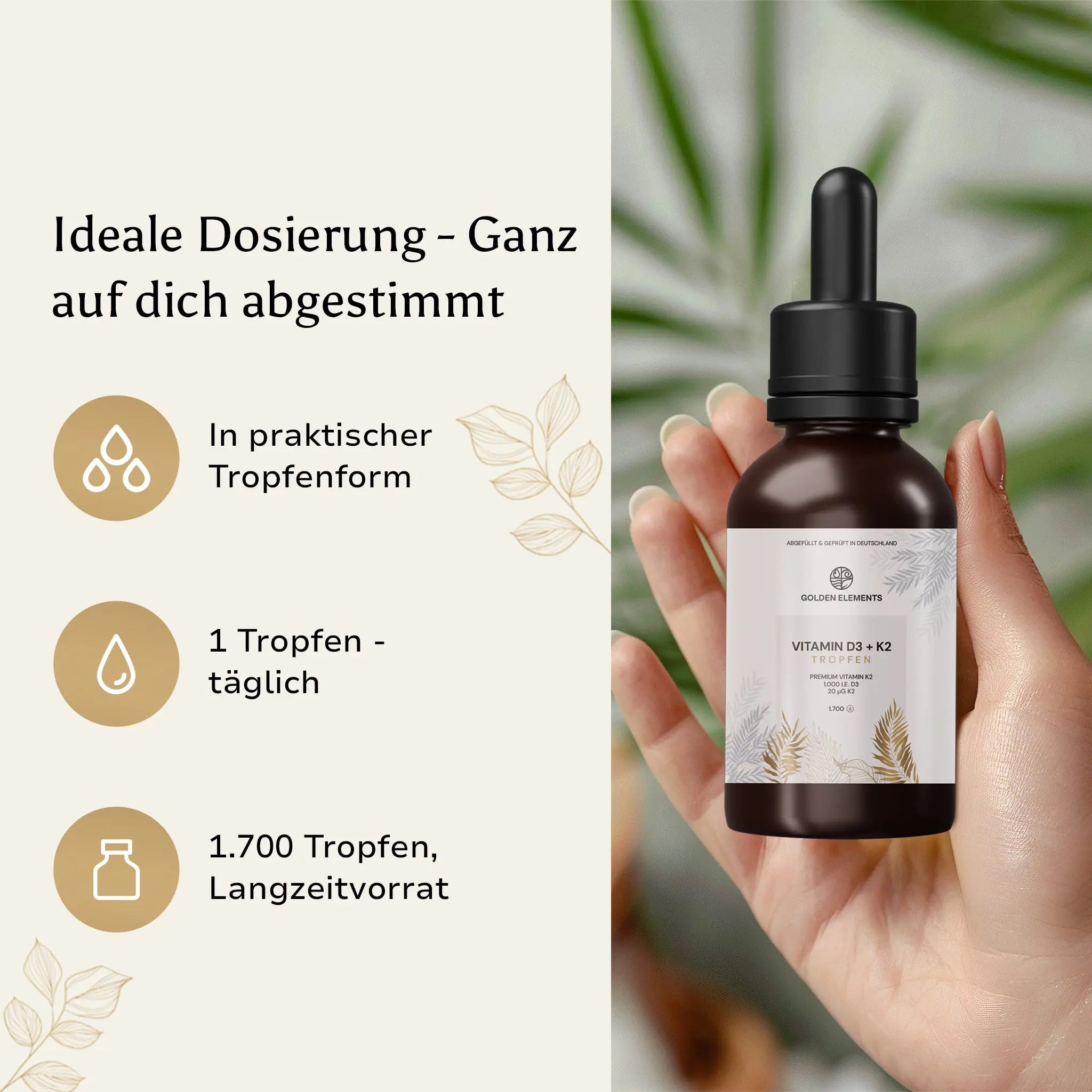 Dosierungsempfehlung für Vitamin D3 + K2 Tropfen – 1 Tropfen täglich, praktischer Tropfspender