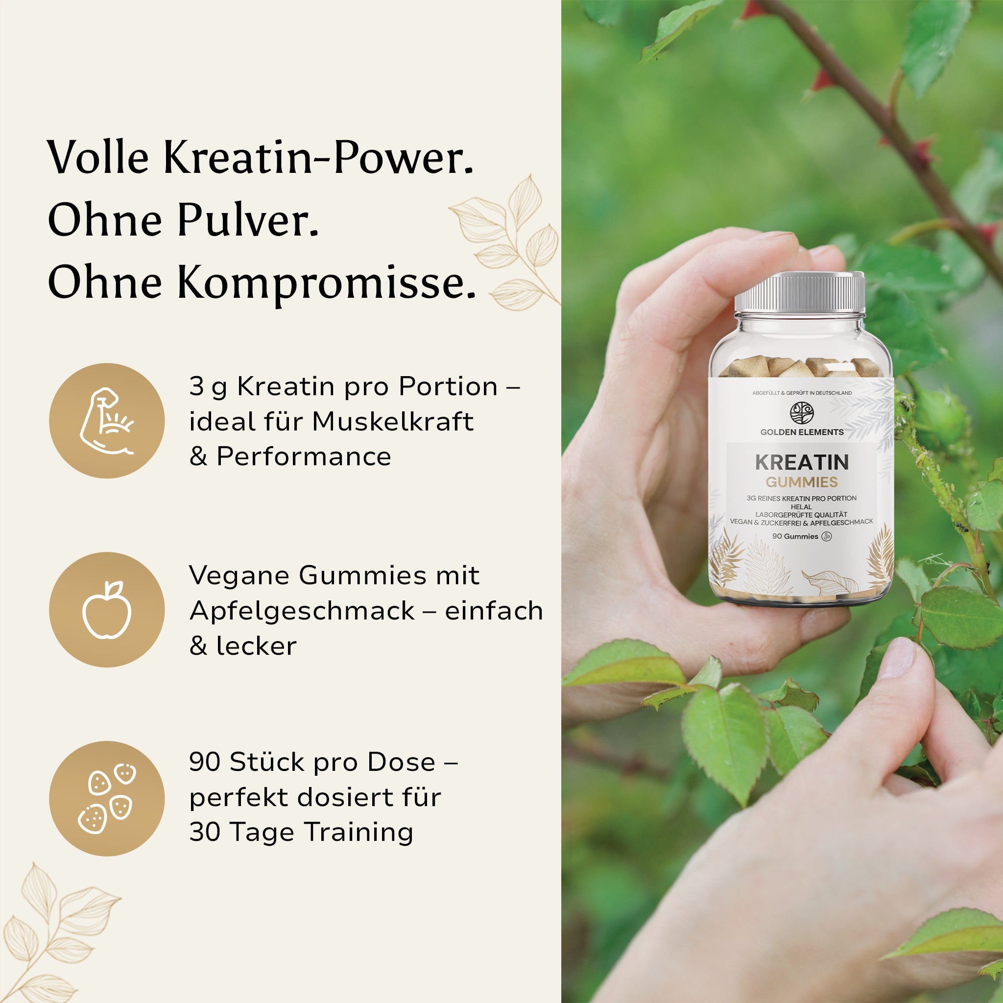 Kreatin Gummies mit 3 g Kreatin pro Portion – vegane Apfelgeschmack-Alternative ohne Pulver