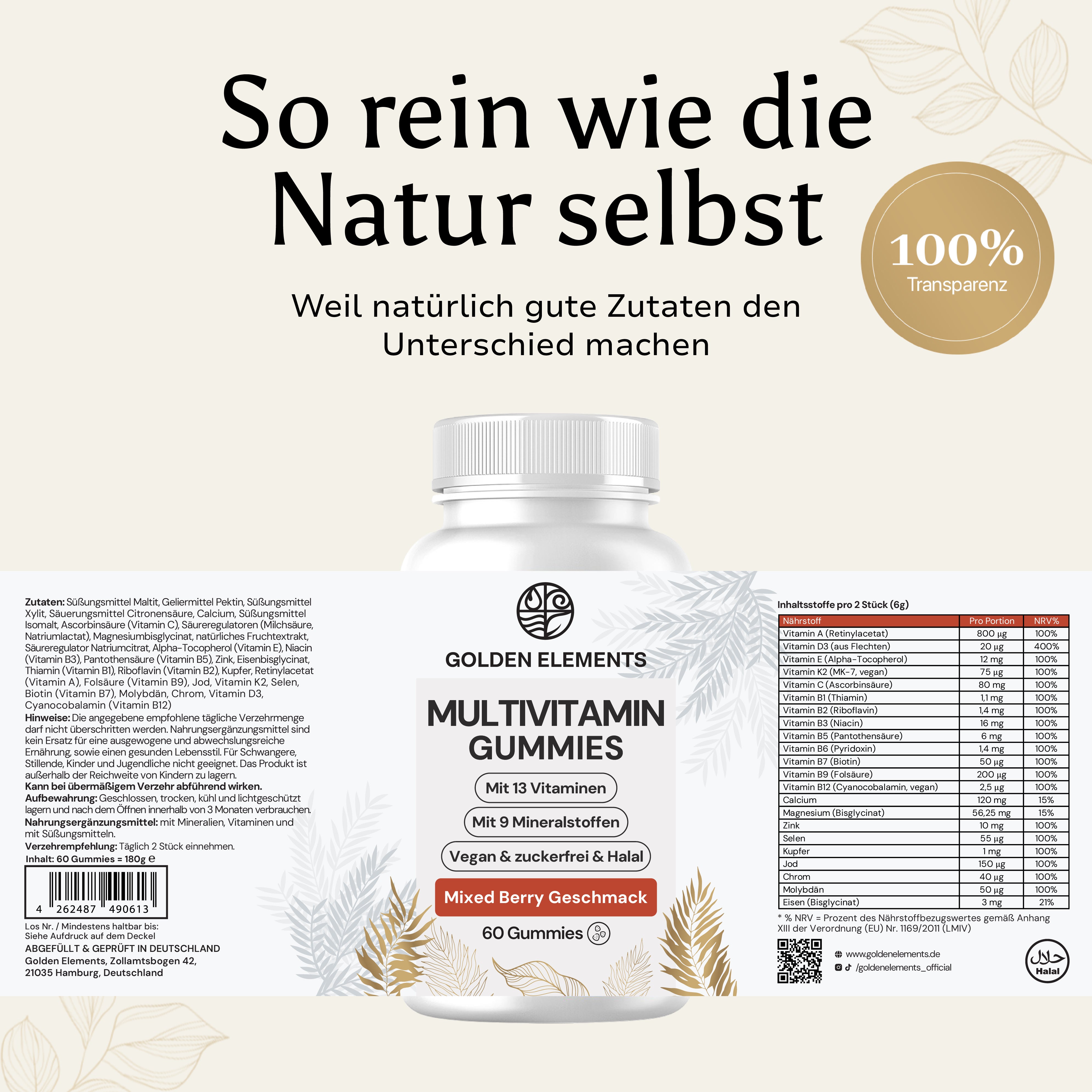Multivitamin Gummies Etikett – alle Inhaltsstoffe und Nährwerte auf einen Blick, 100 % Transparenz & ohne Zuckerzusatz