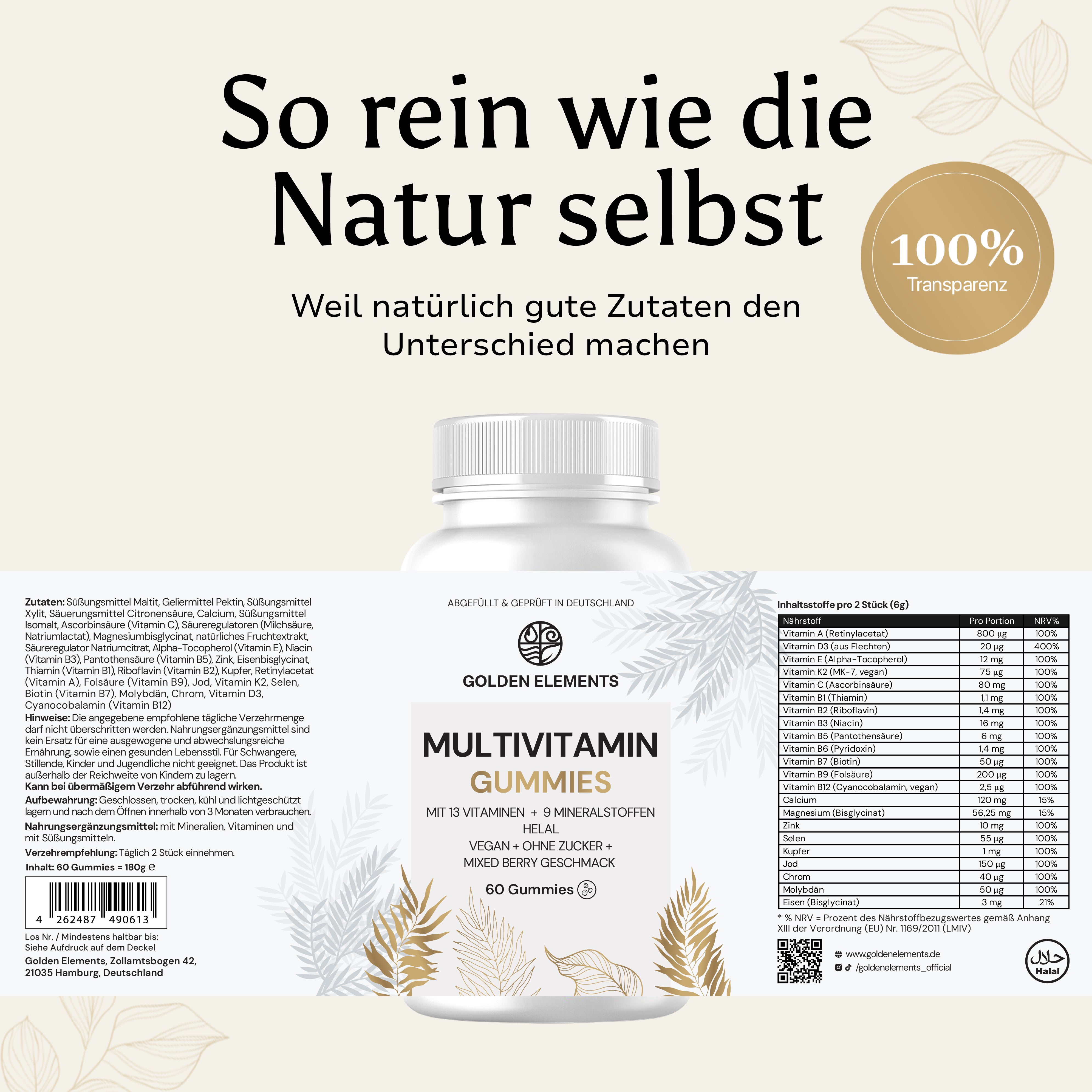 Multivitamin Gummies Etikett – alle Inhaltsstoffe und Nährwerte auf einen Blick, 100 % Transparenz & ohne Zuckerzusatz