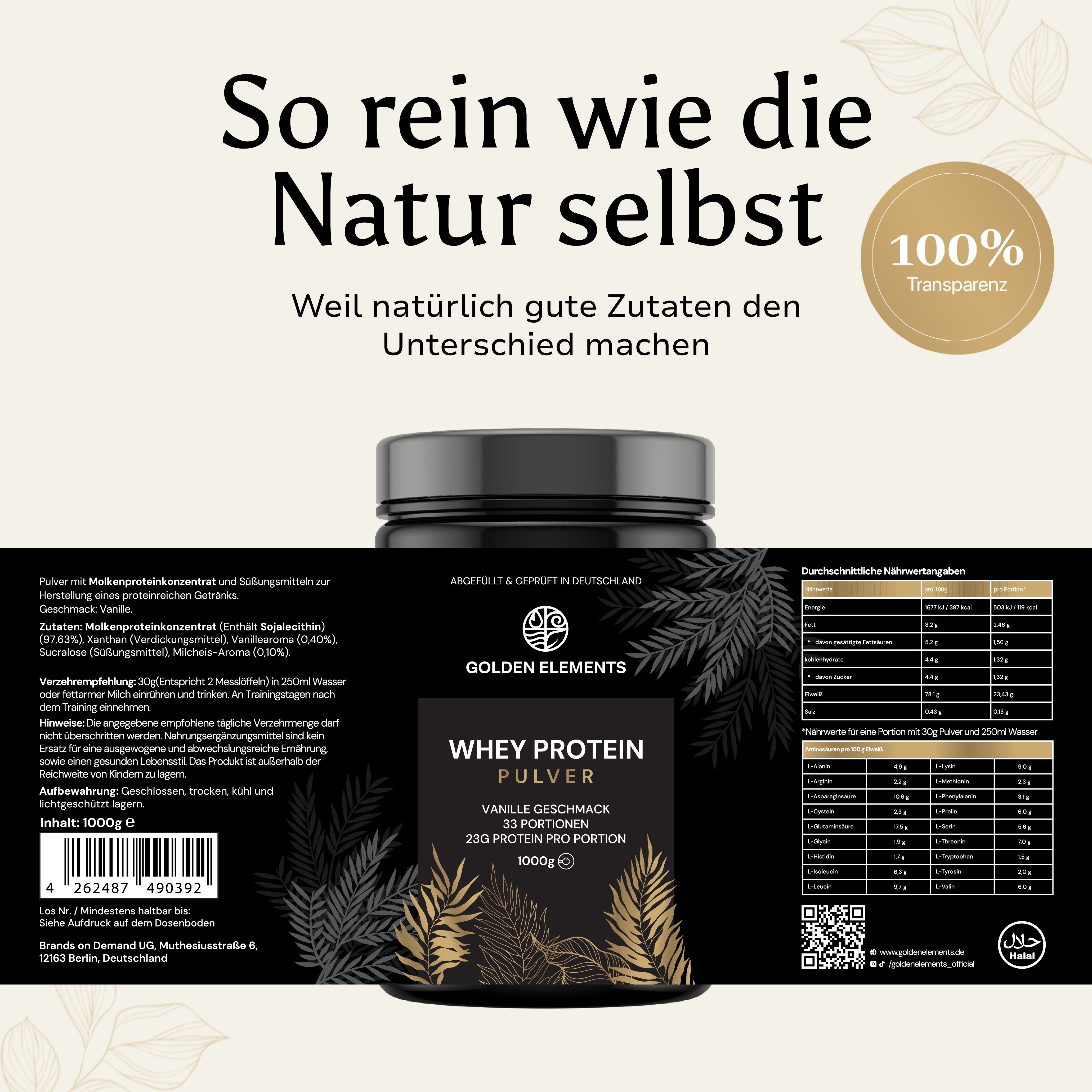 Nährwerttabelle und Etikett von Whey Protein Vanille Geschmack – Golden Elements – hochwertige Eiweißquelle mit 24 g Protein pro Portion