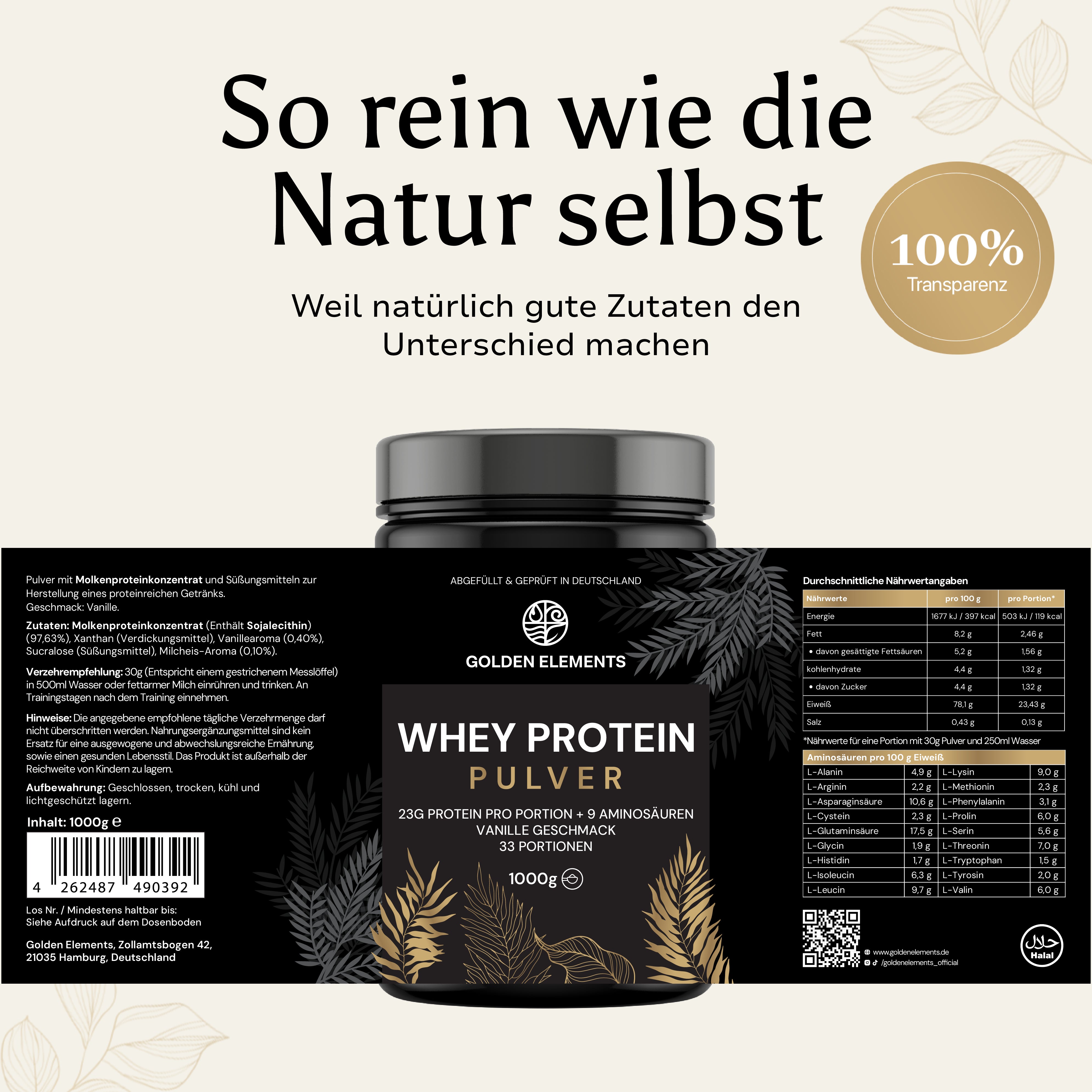 Nährwerttabelle und Etikett von Whey Protein Vanille Geschmack – Golden Elements – hochwertige Eiweißquelle mit 24 g Protein pro Portion