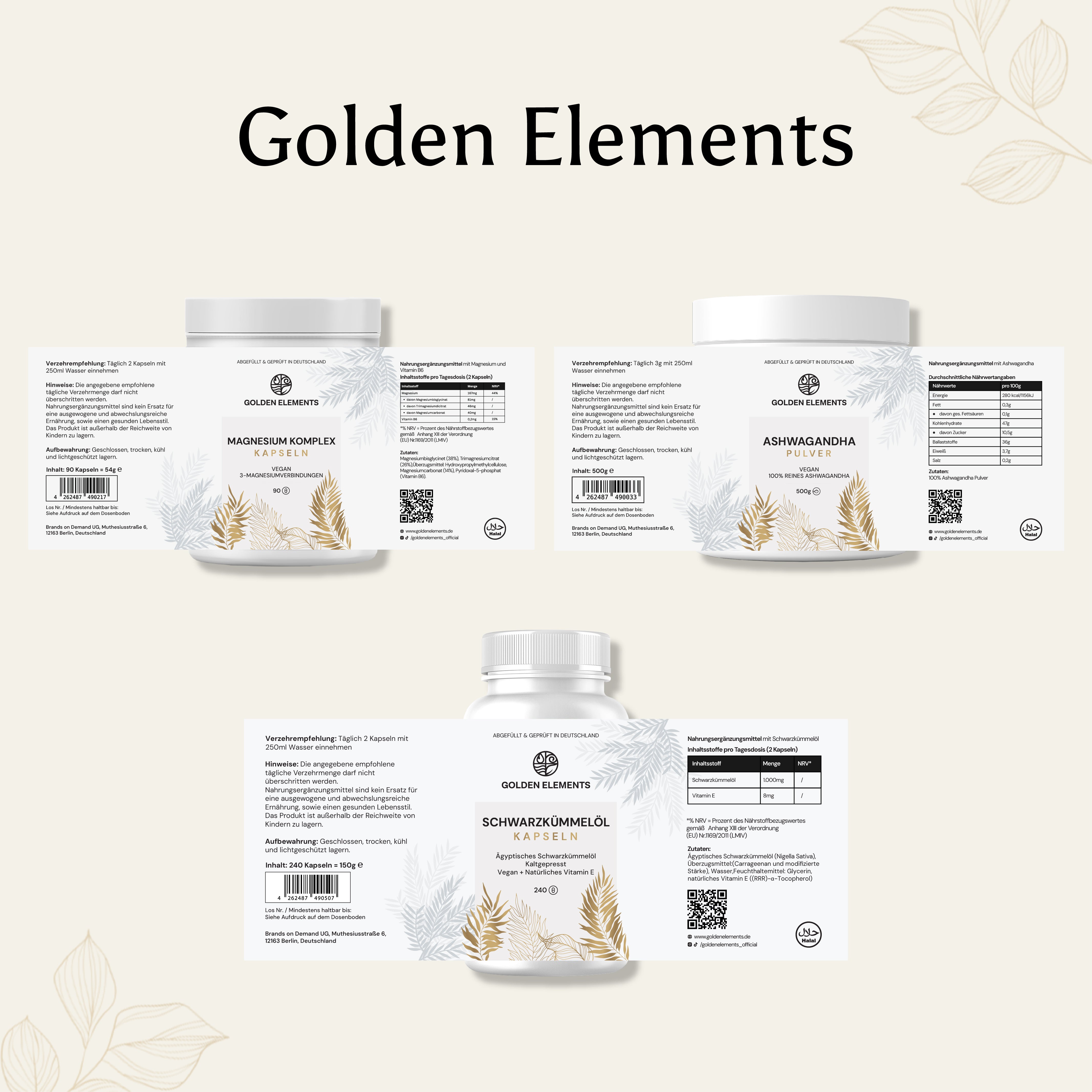 Vorderansicht des Zen Bundles von Golden Elements mit drei Produkten: Ashwagandha Pulver, Magnesium Komplex Kapseln und Schwarzkümmelöl Kapseln im weißen Design