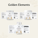 Vorderansicht des Zen Bundles von Golden Elements mit drei Produkten: Ashwagandha Pulver, Magnesium Komplex Kapseln und Schwarzkümmelöl Kapseln im weißen Design