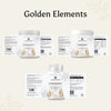 Vorderansicht des Zen Bundles von Golden Elements mit drei Produkten: Ashwagandha Pulver, Magnesium Komplex Kapseln und Schwarzkümmelöl Kapseln im weißen Design