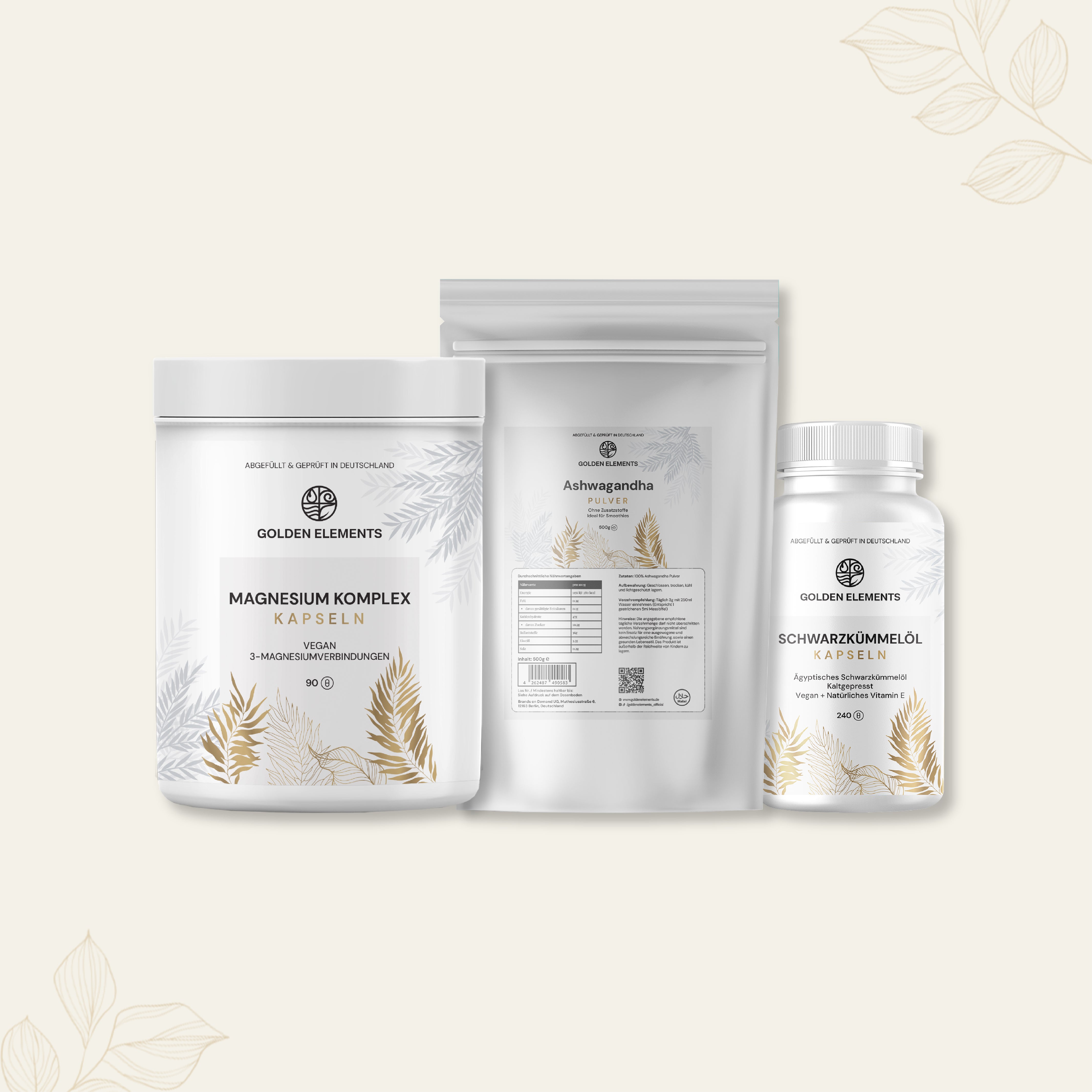 Übersicht der Produktetiketten des Zen Bundles von Golden Elements mit Magnesium Komplex, Ashwagandha Pulver und Schwarzkümmelöl Kapseln – Rückseiten mit Verzehrempfehlung und Inhaltsstoffen