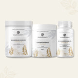 Übersicht der Produktetiketten des Zen Bundles von Golden Elements mit Magnesium Komplex, Ashwagandha Pulver und Schwarzkümmelöl Kapseln – Rückseiten mit Verzehrempfehlung und Inhaltsstoffen