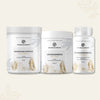 Übersicht der Produktetiketten des Zen Bundles von Golden Elements mit Magnesium Komplex, Ashwagandha Pulver und Schwarzkümmelöl Kapseln – Rückseiten mit Verzehrempfehlung und Inhaltsstoffen