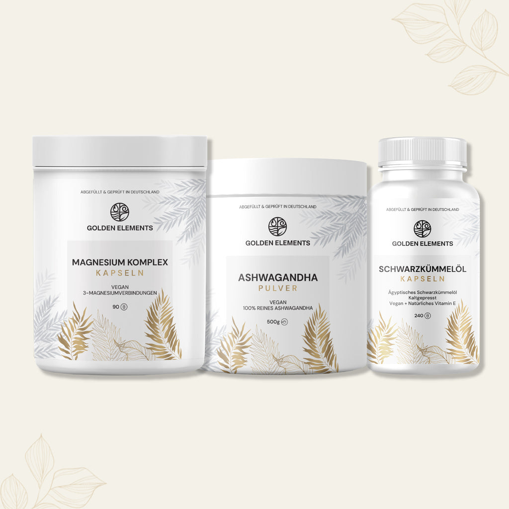 Übersicht der Produktetiketten des Zen Bundles von Golden Elements mit Magnesium Komplex, Ashwagandha Pulver und Schwarzkümmelöl Kapseln – Rückseiten mit Verzehrempfehlung und Inhaltsstoffen