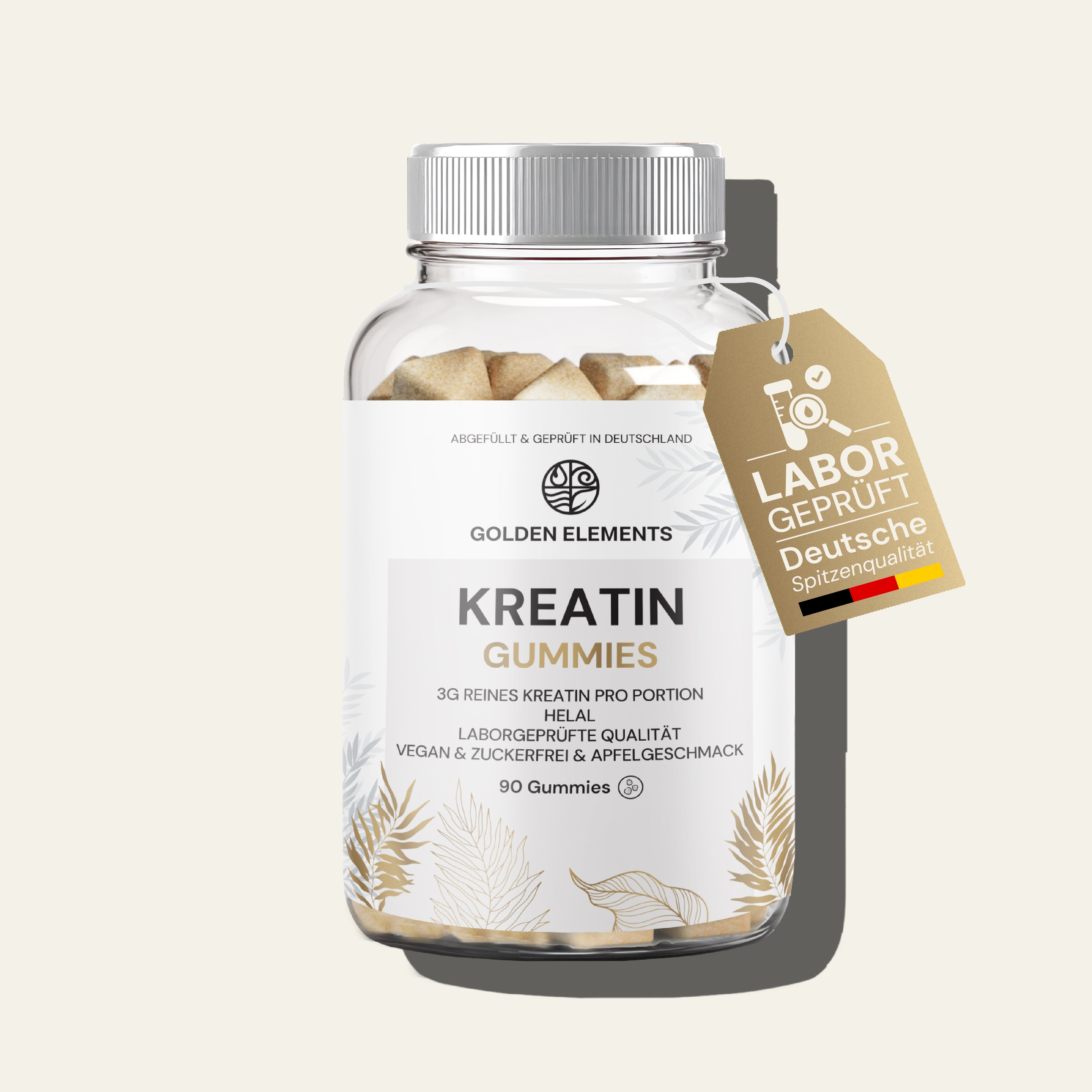 Nahaufnahme der Golden Elements Kreatin Gummies mit Labor-Siegel „Deutsche Spitzenqualität