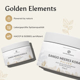 Zwei Dosen Sango Meeres Koralle Pulver von Golden Elements mit Zertifizierungen für Qualität und Reinheit.