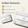 Zwei Dosen Sango Meeres Koralle Pulver von Golden Elements mit Zertifizierungen für Qualität und Reinheit.