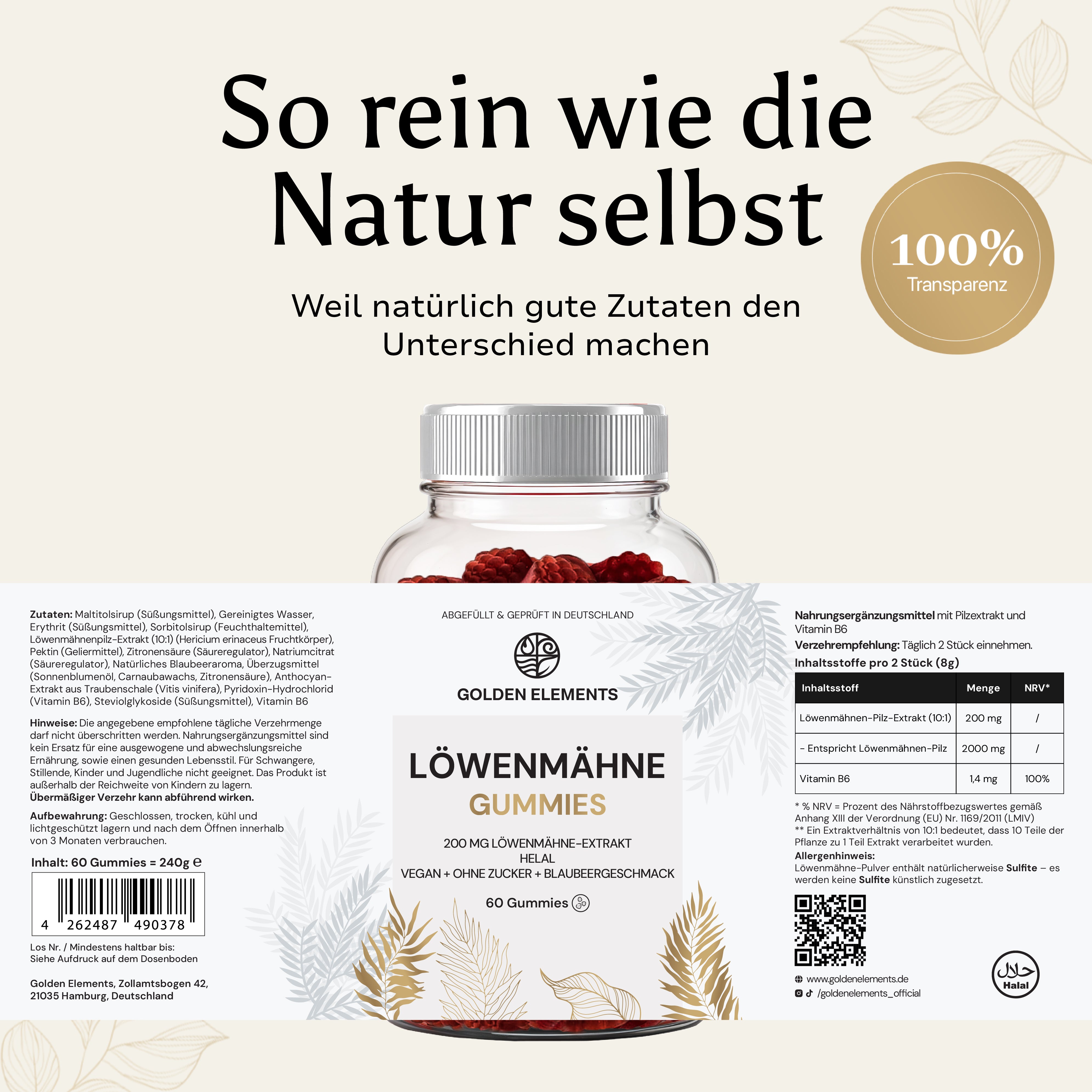 Einzelaufnahme einer Flasche Shilajit Gummies mit schwarzem Design und goldenen Akzenten, präsentiert auf hellem Hintergrund.