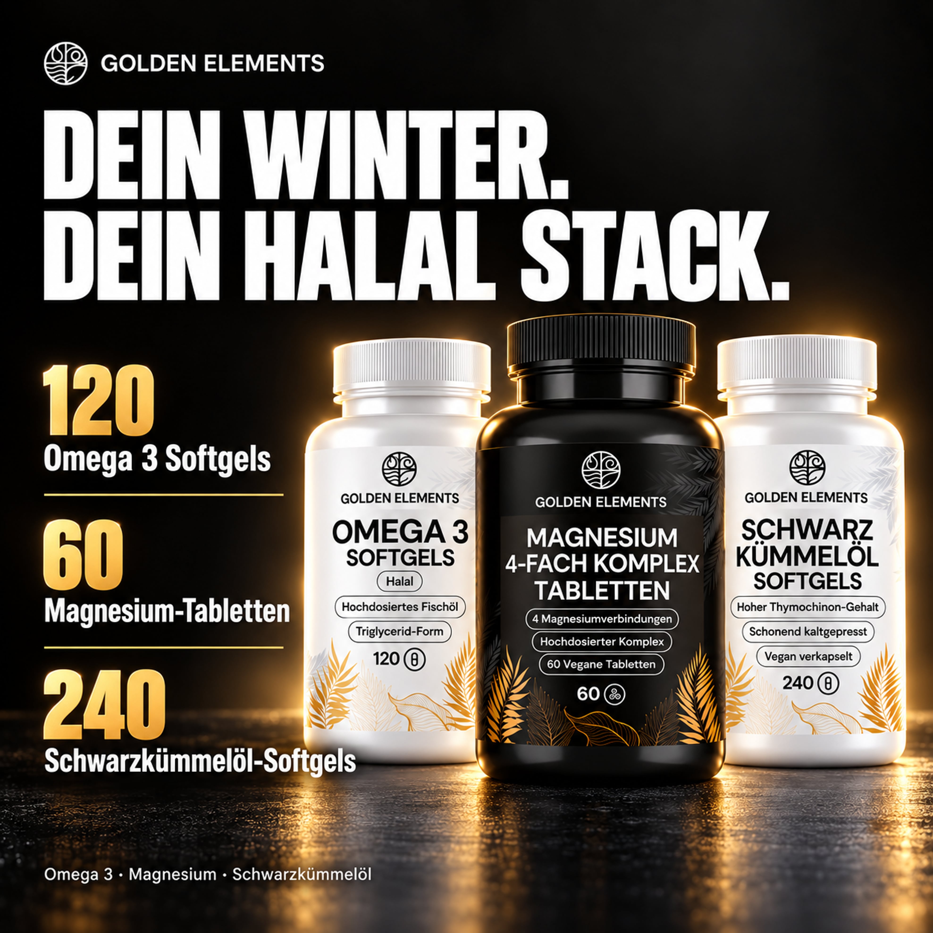 KI-generiertes Winter-Bundle-Motiv: 120 Omega 3 Softgels, 60 Magnesium-Tabletten und 240 Schwarzkümmelöl-Softgels.